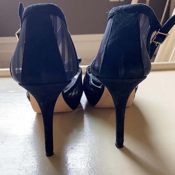 Black Suede Leather Mesh Bow Heels T-Strap Mary Janes Kate Spade 9 Open Toe - Picture 8 of 9